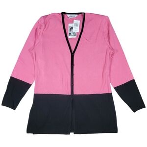 Misook Knit Cardigan Womens S Pink Black V Neck Button Front Office Professional